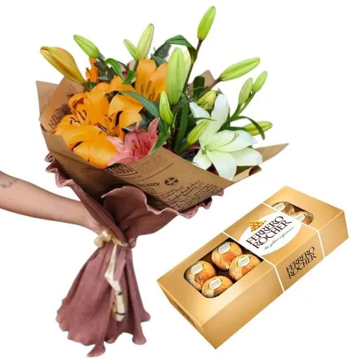 Ramo de flores lilium lirios con bombones rocher